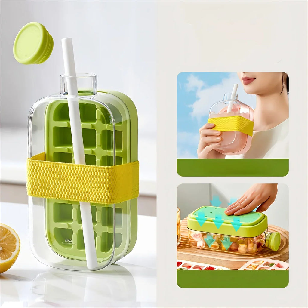 Ice Cube Mold Tray Press Ice Bottle Cup Kettle with Straw Whiskey Ice Cream Water Bottle Ice Cube Maker Easy Press To Release - Color: 800ML green