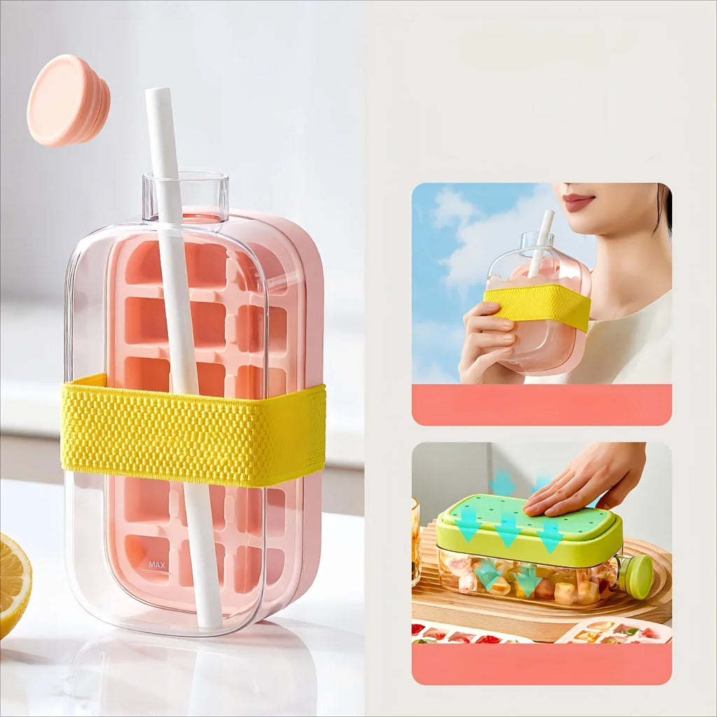 Ice Cube Mold Tray Press Ice Bottle Cup Kettle with Straw Whiskey Ice Cream Water Bottle Ice Cube Maker Easy Press To Release - Color: 800ML pink