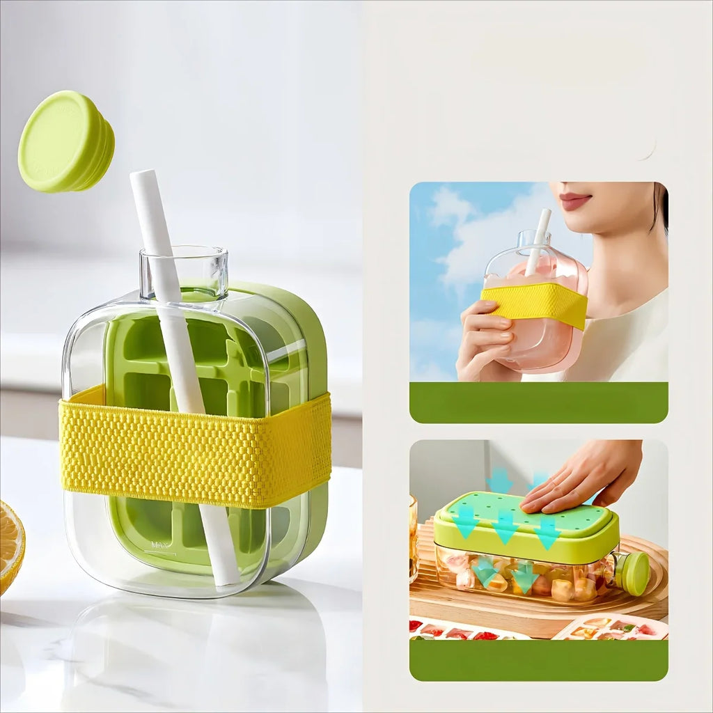 Ice Cube Mold Tray Press Ice Bottle Cup Kettle with Straw Whiskey Ice Cream Water Bottle Ice Cube Maker Easy Press To Release - Color: 500ML green