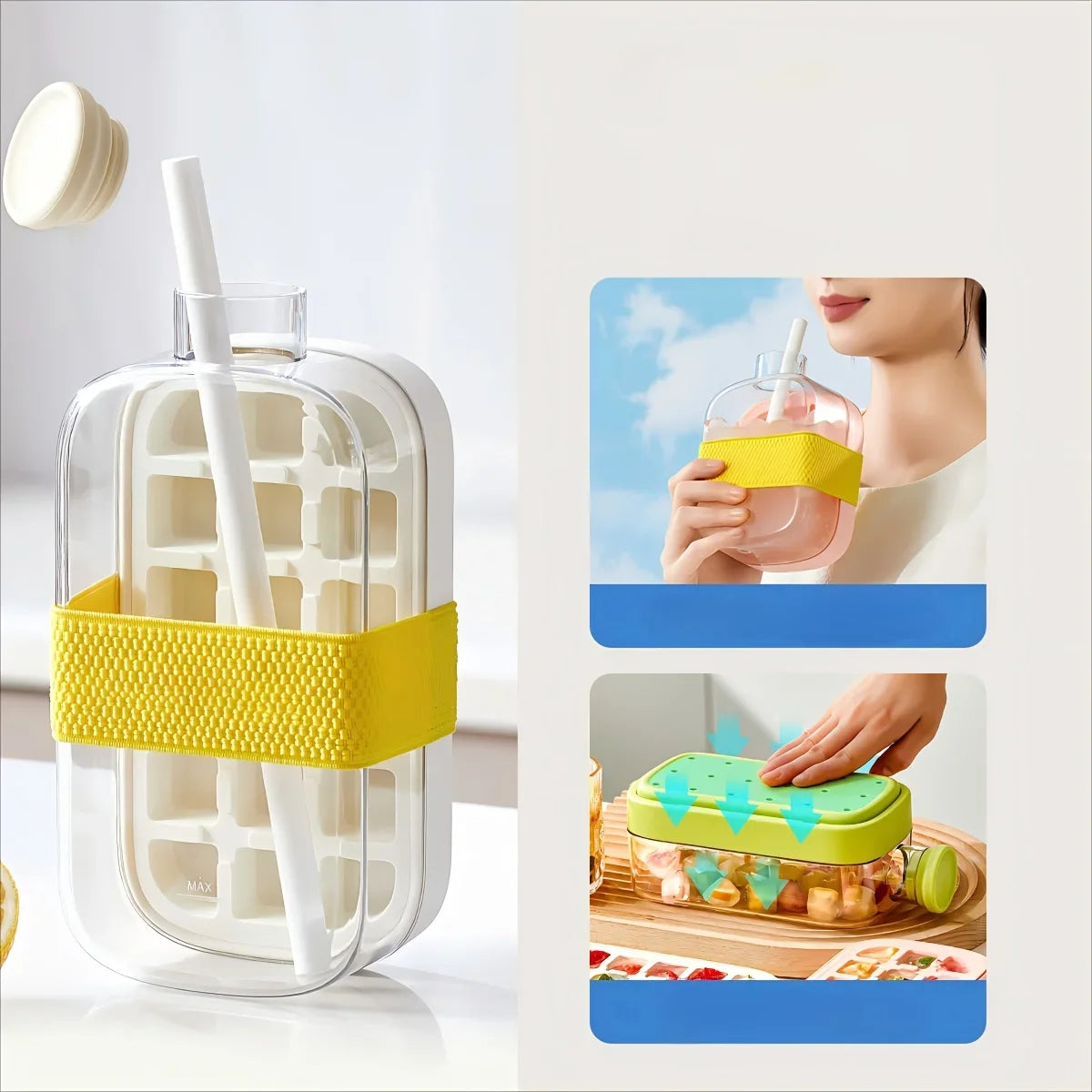 Ice Cube Mold Tray Press Ice Bottle Cup Kettle with Straw Whiskey Ice Cream Water Bottle Ice Cube Maker Easy Press To Release - Color: 800ML white