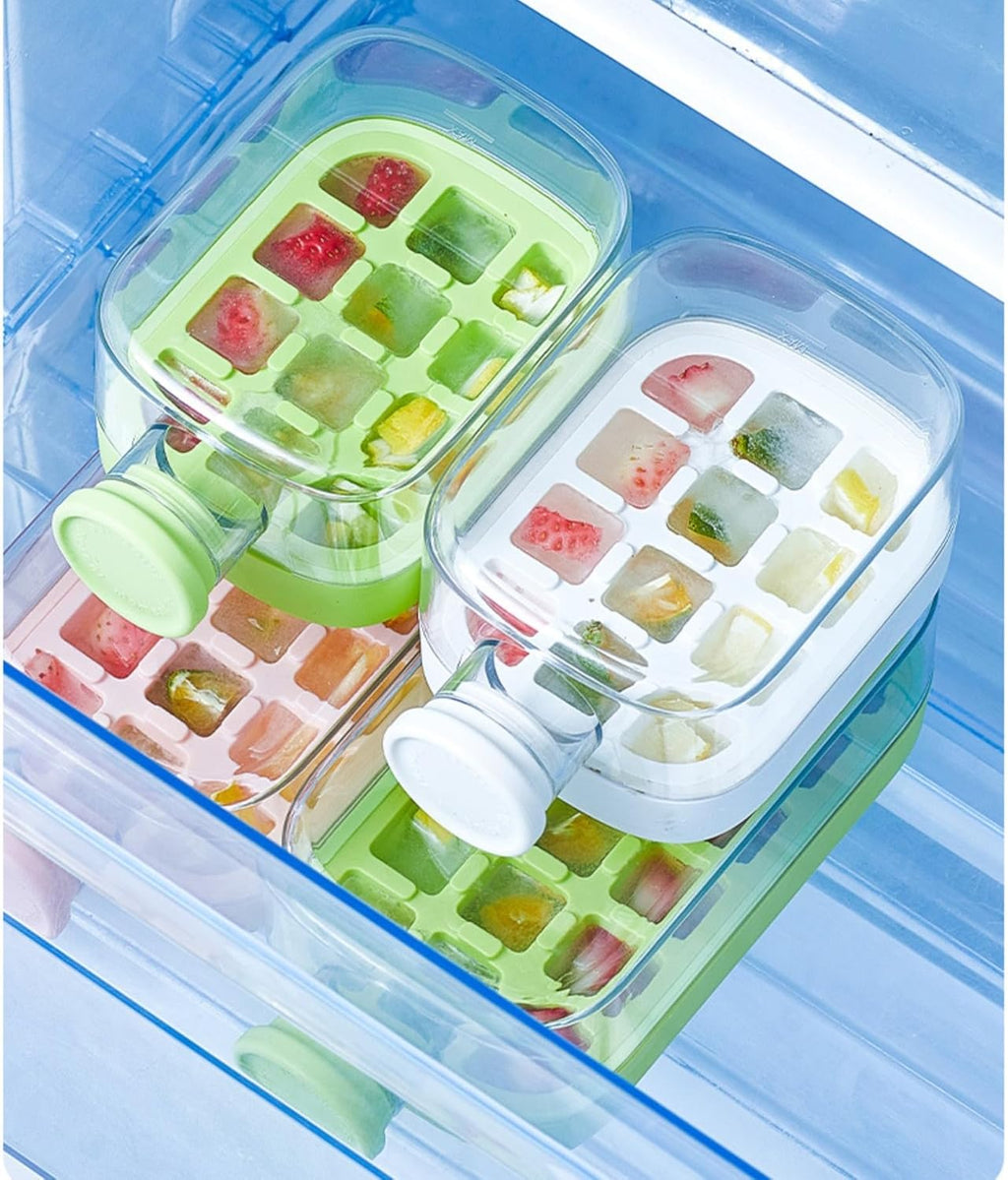 Ice Cube Bottle, 2 In 1 Ice Cube Making Bottle With Straw, Portable Touch Free Ice Cube Mold Trays,Easy Press To Release Ice Tray with Lid for Freezer