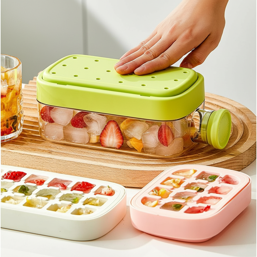 Ice Cube Bottle, 2 In 1 Ice Cube Making Bottle With Straw, Portable Touch Free Ice Cube Mold Trays,Easy Press To Release Ice Tray with Lid for Freezer