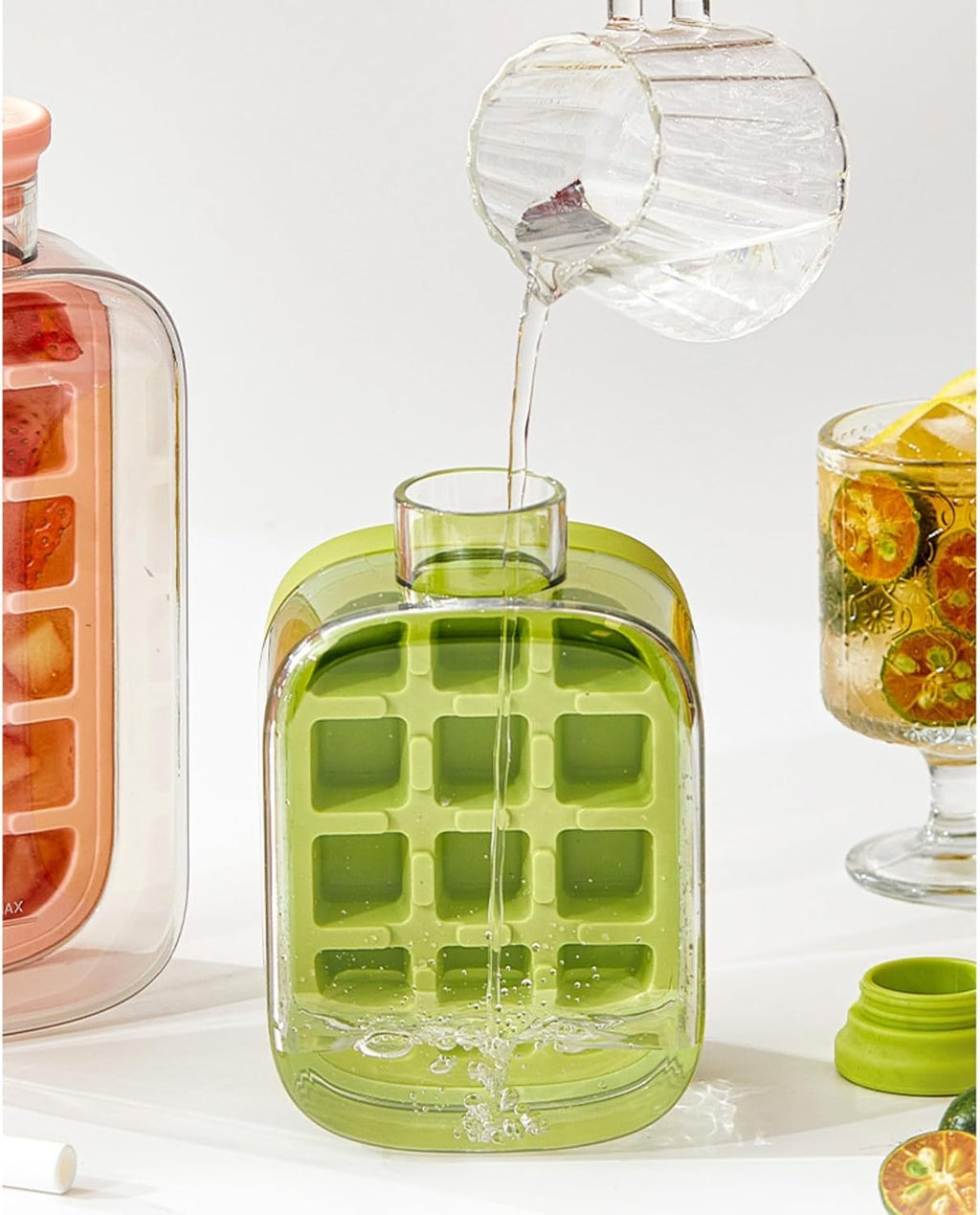Ice Cube Bottle, 2 In 1 Ice Cube Making Bottle With Straw, Portable Touch Free Ice Cube Mold Trays,Easy Press To Release Ice Tray with Lid for Freezer
