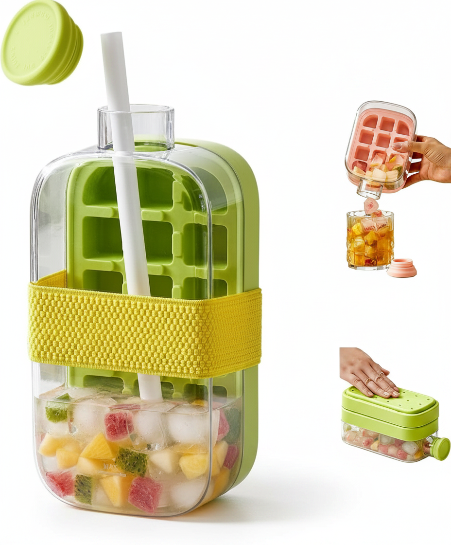 Ice Cube Bottle, 2 In 1 Ice Cube Making Bottle With Straw, Portable Touch Free Ice Cube Mold Trays,Easy Press To Release Ice Tray with Lid for Freezer