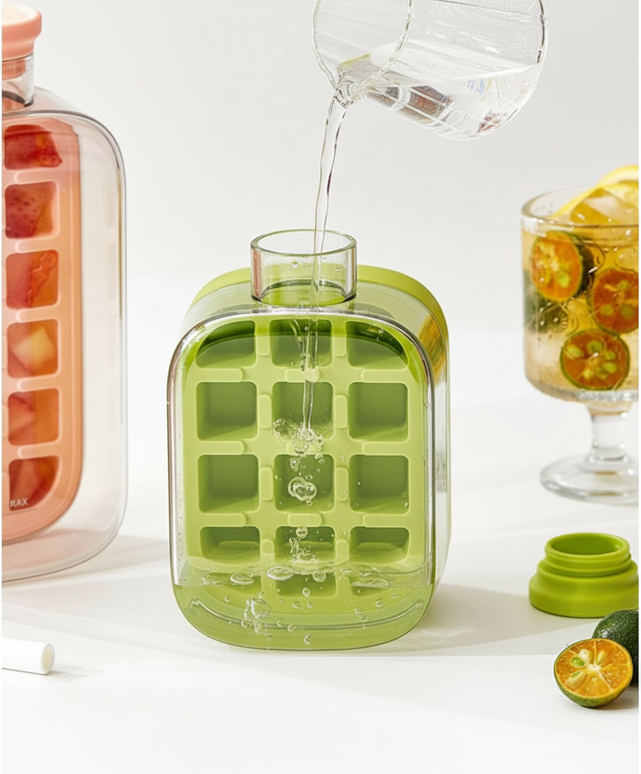 Ice Cube Bottle, 2 In 1 Ice Cube Making Bottle With Straw, Portable Touch Free Ice Cube Mold Trays,Easy Press To Release Ice Tray with Lid for Freezer