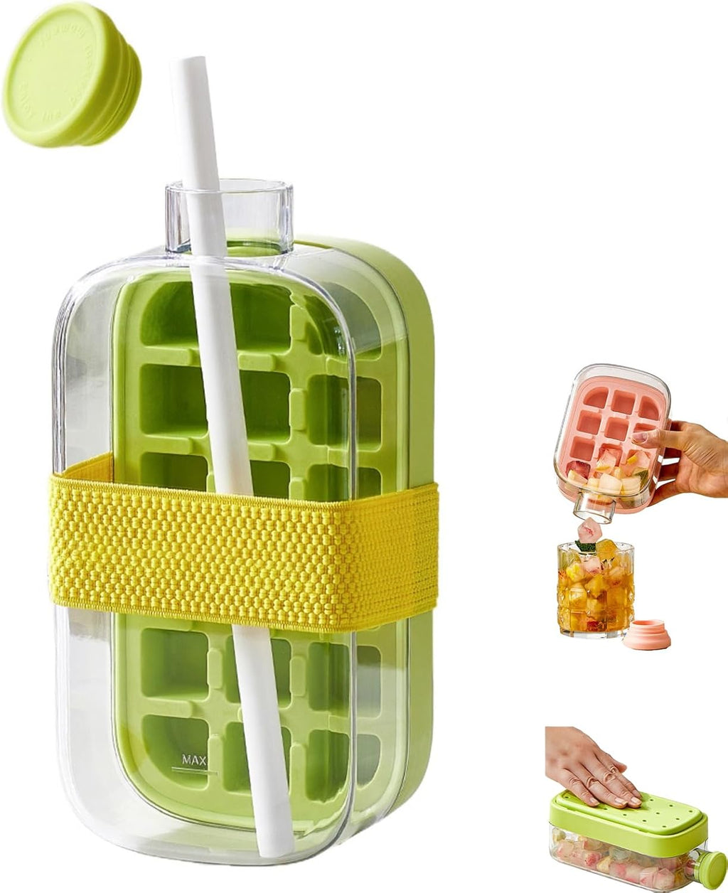 Ice Cube Bottle, 2 In 1 Ice Cube Making Bottle With Straw, Portable Touch Free Ice Cube Mold Trays,Easy Press To Release Ice Tray with Lid for Freezer