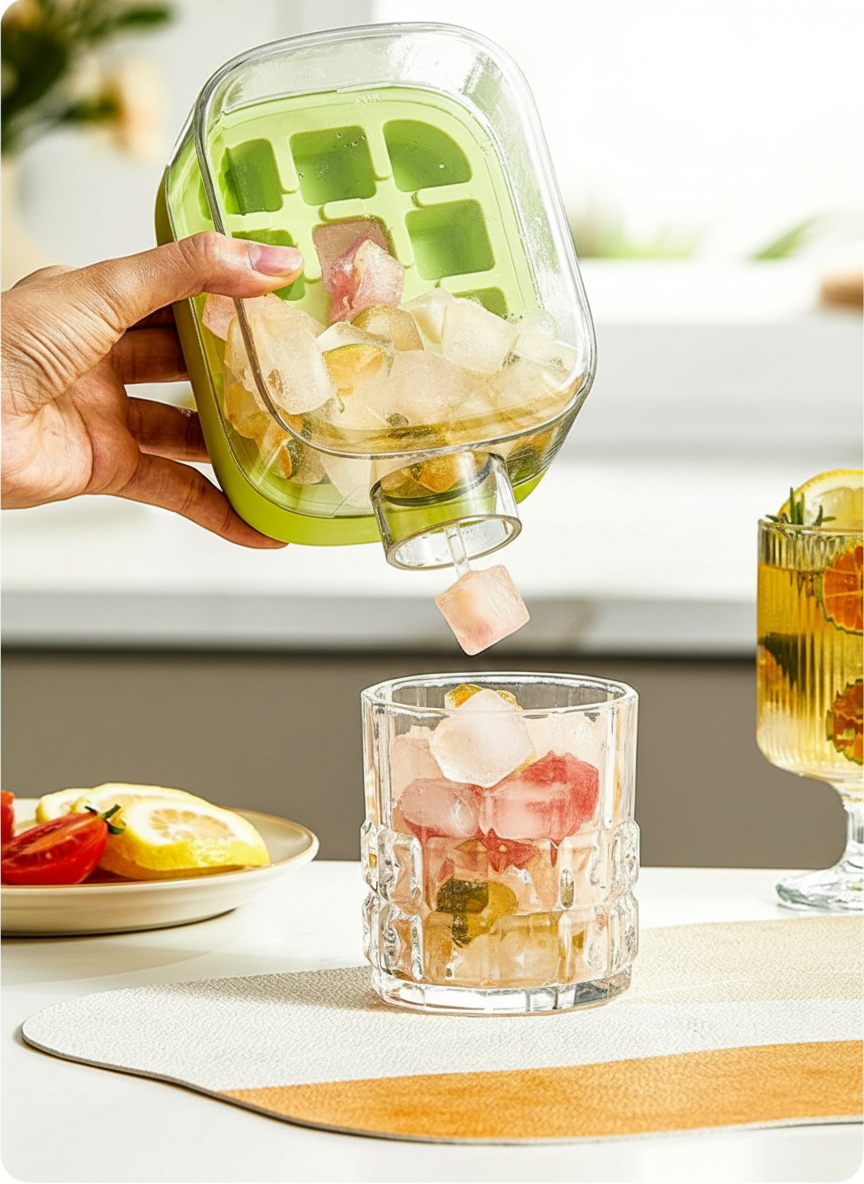 Ice Cube Bottle, 2 In 1 Ice Cube Making Bottle With Straw, Portable Touch Free Ice Cube Mold Trays,Easy Press To Release Ice Tray with Lid for Freezer